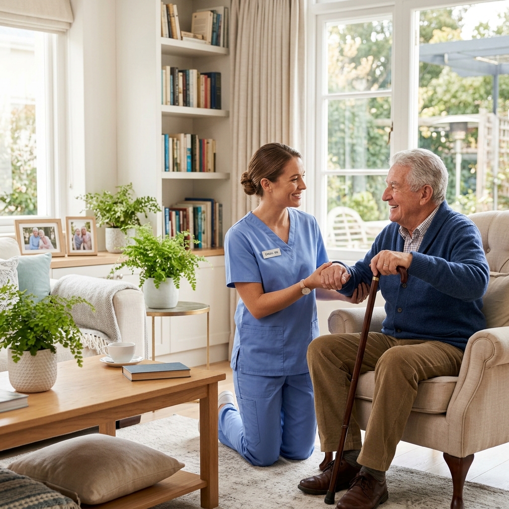 Supportgiver assisting elderly man
